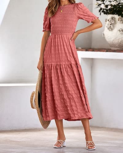 dowerme Womens Summer Dresses 2025 Casual Puff Short Sleeve Crewneck Smocked Flowy Ruffle Boho Beach Party Maxi Sundress(Bean Paste Pink,X-Large) - Thumbnail 6
