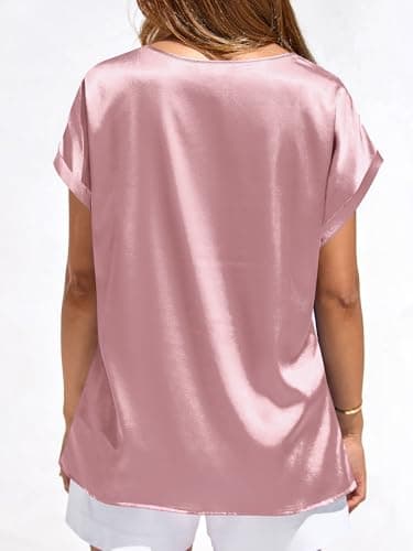 BTFBM Womens Summer Tops Satin Blouses Dressy Casual Loose Crewneck Short Sleeve Shirts 2026 Work Business Outfits(Pink, Medium) - Thumbnail 4
