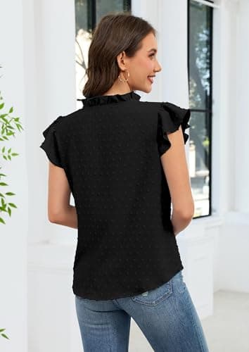 ECOWISH Womens Summer Tops Dressy Casual Ruffle V Neck Short Sleeve Blouses Swiss Dot Flowy Shirt Trendy 2026 Black Small - Thumbnail 4