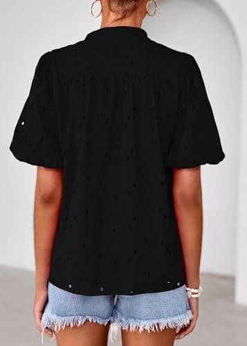 Lazysmile Summer Boho Tops for Women Short Sleeve V Neck Button Down Hollow Out Lace Embroidered Blouses Shirts Black - Thumbnail 2