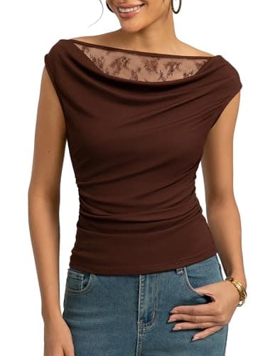 Kate Kasin Womens Off The Shoulder Tops, Summer Cowl Neck Slim Fit Top, Y2K Going Out Shirts Outfits 2026 Brown Red