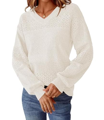 NORACORA Women's V Neck Fall Sweaters Crochet Soft Lightweight Ribbed Knit Loose Pullover Sweater Long Sleeve Tops 2025 Trendy Outfits White - Thumbnail 3