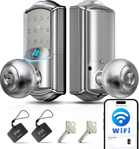 Veise VE028 Built-in Wi-Fi Smart Lock with Knob, Fingerprint Keyless Entry with Handle, App Remote & Voice Control, Electronic Digital Keypad for Front Door and Bedroom, IP65 Waterproof, Satin Nickel - Image 1