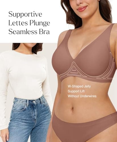 Wireless Push Up Bra Seamless Bras for Women Comfortable No Underwire Comfy Supportive Bralettes Deep V Tshirt Bra Coffee L - Thumbnail 2