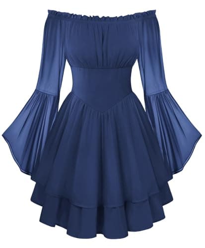 Scarlet Darkness Women Corset Dress Off Shoulder Bell Sleeve Ruffled Fairy Mini Dress Navy Blue XXL - Image 1