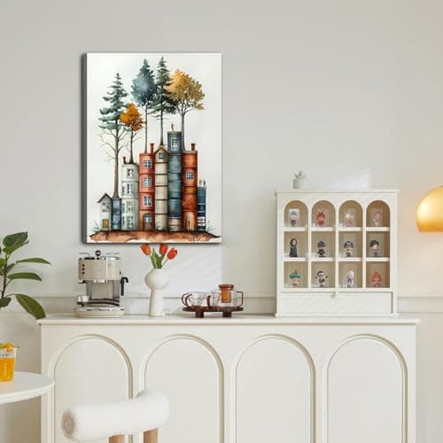 PUUZDGDZ Reading Book Lover's Canvas Wall Art Whimsical Tree House Wall decor pictures Book-shaped house Poster Painting Prints for Gallery Living Room Home Decoration (16inx24in canvas) - Thumbnail 4