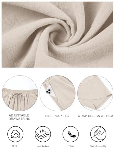 Jiflora Womens Cotton Linen Summer Palazzo Pants Drawstring Elastic Waist Trousers with Pockets Beach Pants Apricot XXL - Thumbnail 6