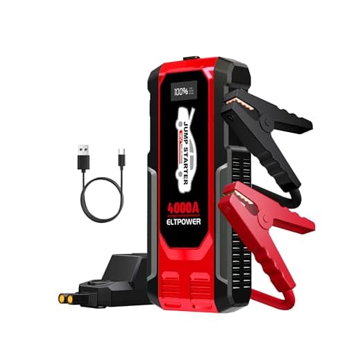 4000A Car Jump Starter Portable Jump Box Battery Booster Pack with Jumper Cables and LED Light Upto 8L Gas and 7L Diesel Engines