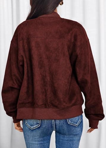 Lazysmile Women's Faux Suede Bomber Jackets Fall Fashion Outfits Winter Clothes Stand Collar Zip Up Coats Outwear with Pockets - Thumbnail 2