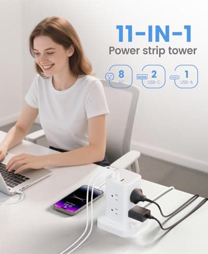 Power Strip Tower with Surge Protector 1800J, Fast Charging Tower PD20W USB-C Ports with 8 AC Outlets, 6ft Extension Cord for Home Office Dorm Room, White - Thumbnail 3