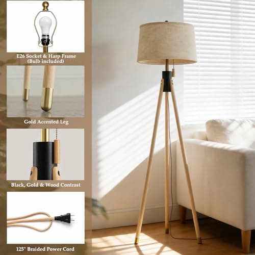 Mid Century Modern Tripod Floor Lamp, Gold Accented Two-Tone Solid Wood Floor Lamp with Black-Finished Solid Wood Center, Linen Shade & Pull Chain, Tall Lamp for Living Room Bedroom Reading Corner - Thumbnail 3