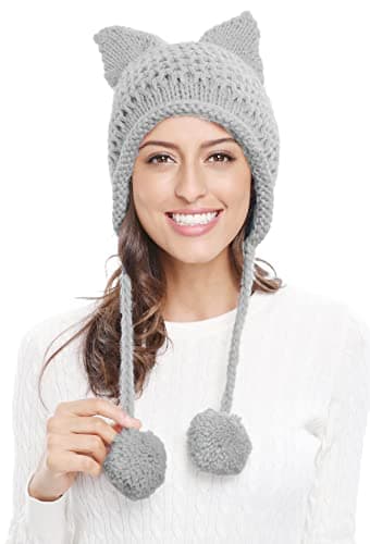 Bellady Winter Cute Cat Ears Knit Hat Ear Flap Crochet Beanie Hat,Light Grey - Image 1