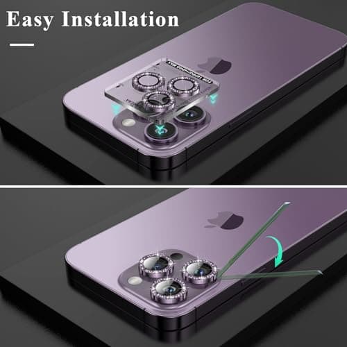YWXTW Designed for iPhone 14 Pro/iPhone 14 Pro Max Camera Lens Protector Bling, [New Glitter Design] Individual Metal Tempered Glass Camera Cover Accessories Case Friendly, 1 Set (Purple Glitter) - Thumbnail 4