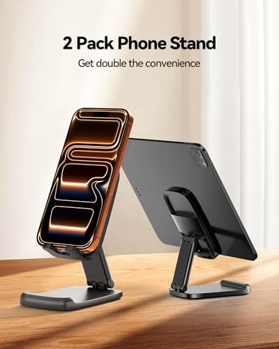 2 Pack Cell Phone Stand for Desk, iPad Stand [Height Adjustable & Upgraded Stable Base] Foldable & Non-Slip Silicone Pad Phone Holder, iPhone Stand for All Smartphones, iPad | Office Desk Accessories - Thumbnail 2