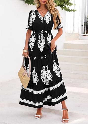 Lazysmile Summer Dresses for Women Short Sleeve V Neck Floral Drawstring Flowy A Line Boho Maxi Dress with Pockets Black - Thumbnail 4