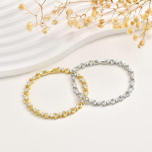 Goxygen Gold Heart Tennis Bracelet for Women - 14K Gold Plated 3mm Cubic Zirconia Heart Link Bracelet, Elegant CZ Tennis Bracelet, Dainty Trendy Anniversary Birthday Christmas Jewelry Gift for Her - Thumbnail 5