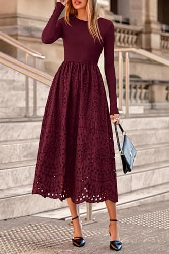 dowerme Women Spring Dresses 2026 Casual Long Sleeve Crewneck A-Line Boho Eyelet Cotton Maxi Wedding Guest Dress Pockets(Dark Red,Small) - Thumbnail 4