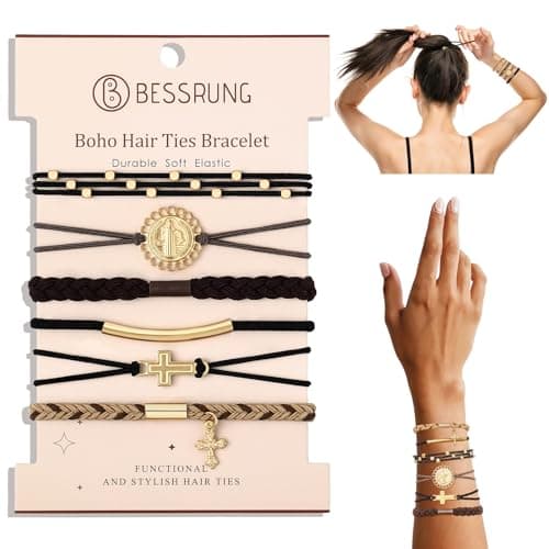 6 Pcs Boho Hair Tie Bracelets for Women | 6 Styles Cross & Jesus Stretchy No-Pull Elastic Hair Ties for Fine & Thick Hair, No Damage Hair Bands for Ponytail Holders - Image 1