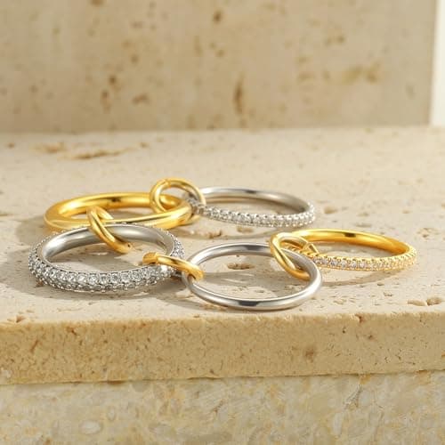 Fimhut Stackable Rings for Women Christmas Gift, 18K Gold Plated Cubic Zirconia Rings, Silver Gold Multi Ring Mixed Metals Stackable Ring Set for Women Hypoallergenic.Size 7 - Thumbnail 6