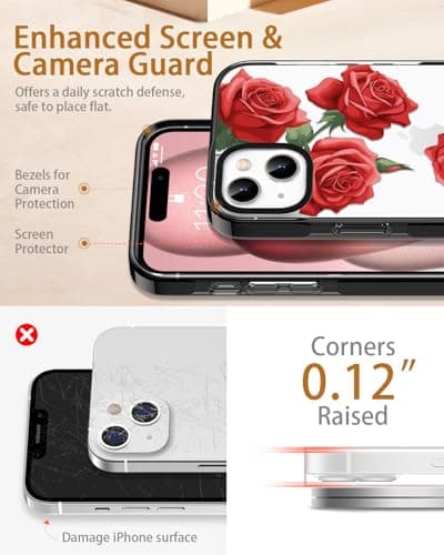 Sholbrak [3 in 1 Designed for iPhone 15 Case Red Rose Flower Floral Protective Phone Case Cover 6.1" Screen Protector + Camera Lens Protector【2X Military Grade Drop Tested / 6.6ft Drop Protection】 - Thumbnail 4