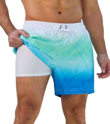 SILKWORLD Men Swimming Trunks Elastic Waist Beach Shorts Bathing Suit with Zipper Pockets, Cyan Coconut Tree, XX-Large - Image 1