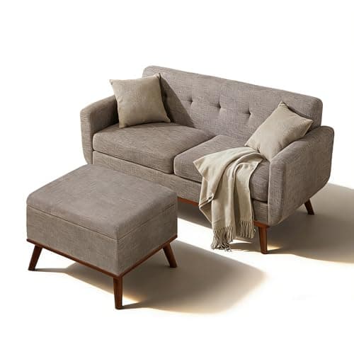 Kingfun 65" W Loveseat Sofa with Ottoman Coffee Table, Mid Century Modern Decor Love Seat Couches and Ottoman with Storage for Living Room, Button Tufted Upholstered Love Seats Furniture Set, Grey