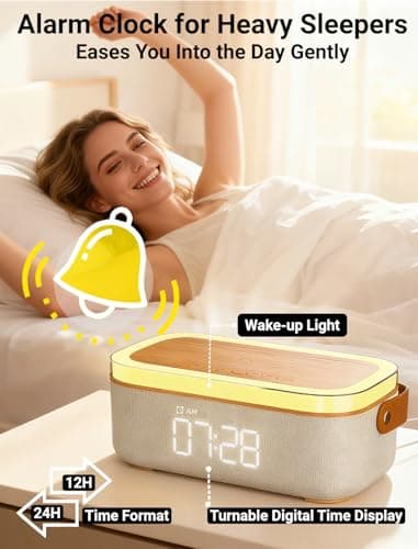 PLUWEL 4-in-1 Alarm Clock Bedrooms for Heavy Sleeper, Bluetooth Clock Sync with Phone, Portable Bluetooth Speaker, 15W Wireless Charging Station, Ambient Mood Night Light, Trendy Gift Room Decor - Thumbnail 2