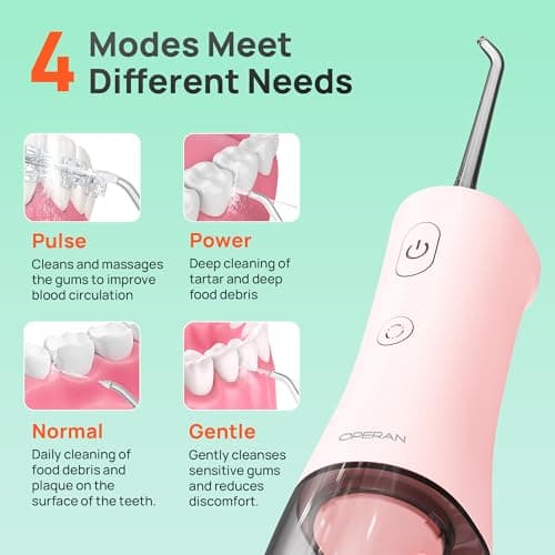 Operan 300ml Cordless Water Dental Flosser, Portable Water Flossers for Teeth, 4 Pulse Modes IPX7 Waterproof Oral Irrigator with 4 Tips, 21 Days Runtime for Travel, Home, Braces, Gum Care, Pink+1Pack - Thumbnail 4