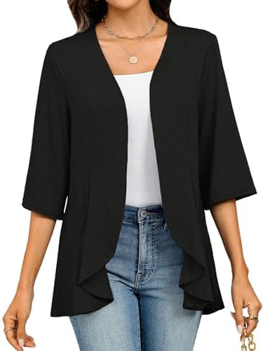 Totatuit Black Cardigan Sweaters for Women 3/4 Sleeve Summer Beach Cover Ups Open Front Lightweight Cardigans Kimono - Image 1