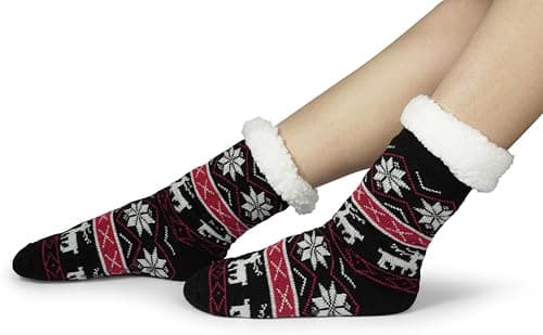 BenSorts Women's Slipper Socks with Grippers House Home Winter Warm Cozy Fuzzy Sherpa Non Slip Grips Socks Non Slip Comfy Soft Christmas Gift Christmas Black Red 2 Pairs - Thumbnail 5