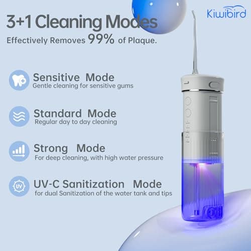 KIWIBIRD Mini Water Flosser for Travel, Ultra-Portable Cordless Oral Irrigator with UVC Light, IPX8 Waterproof 3 Modes, 230mL Teeth Cleaner for Tonsil Stones & Braces Care - Home & Travel (Purple) - Thumbnail 4