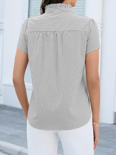 Funlingo Women's Striped Button Down Shirts Short Sleeve Ruffle Collar Work Blouses Fashion 2026 Spring Business Casual Tops Summer Clothes Black White 2XL - Thumbnail 5
