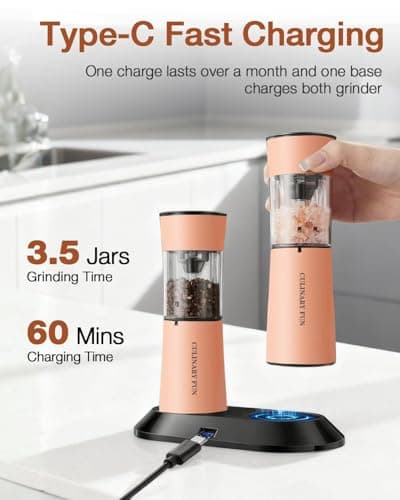 Gravity Electric Salt and Pepper Grinder Set with USB-C Charging Base,Rechargeable Automatic Stainless Steel Pepper Mill Grinder with LED Light, 2pack+Peach Orange (Peach Orange) - Thumbnail 3