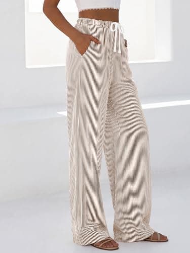 BTFBM Striped Wide Leg Pants for Women Spring Summer 2026 Drawstring Lounge PJ Beach Bottoms Casual Trousers Pockets(Brown, Small) - Thumbnail 6