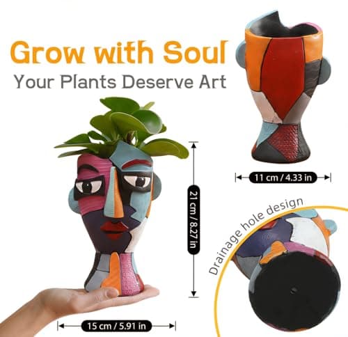 Coniuty Face Planter Pot 8.2 Inch Height with Drainage | Abstract Picasso Head Vase for Decorative Plant | Eclectic Flower Pots for Indoor and Outdoor Plants Succulents/Snake Plants/Cactus - Thumbnail 2