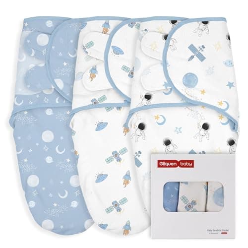 GLLQUEN BABY 3-Pack Baby Swaddle Sack for Newborns 0-3 Months, Adjustable Swaddle Wrap to Prevent Startle Reflex, Soft Breathable Sleep Sack for Boys & Girls, Space & Moon Pattern, Baby Essentials - Image 1