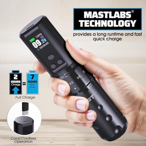 Mast Tattoo Fold2 Pro Cordless Tattoo Gun Kit 2000mAh Battery for Long Runtime & 1500mAh Lightweight Batteries 7 Adjustable Stroke 2.4-4.2mm Mcore-C1 Motor Cartridges Machine - Thumbnail 5