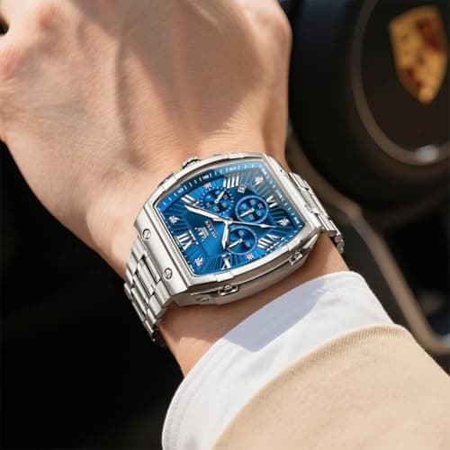 OLEVS Watches Men Blue Face Rectangle Tonneau Fashion Fancy Silver Stainless Steel Dress Wrist Watches Waterproof Chronograph Luminous Battery Luxury Big Dial Watches for Men Relojes para Hombres - Thumbnail 4