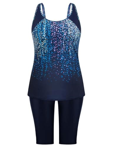 Hanna Nikole Plus Size Bathing Suits Adjustable Strap U Neck Two Pieces Tankini Swimsuits for Women Tummy Control with Shorts Navy Blue & Colorful Dots 24 W - Thumbnail 3