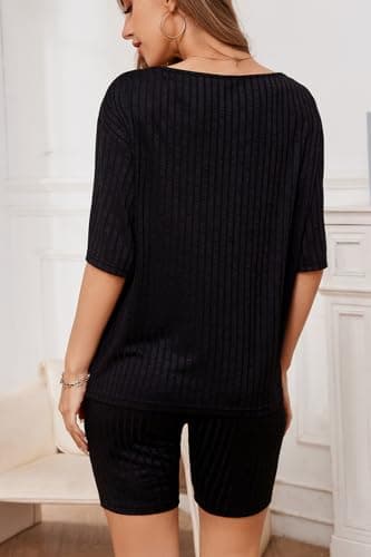 Molirex Womens Biker Short Sets Off Shoulder 2 Piece Outfits Summer 3/4 Sleeve Oversized T-Shirt Ribbed Tracksuit Black 2X-Large - Thumbnail 3