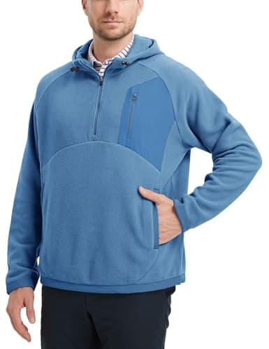 M MAELREG Mens Hoodies Pullover Polar Fleece Warm Golf Sports Casual Quarter Zip Mens Hooded Sweatshirts Pullover Misty Blue - Image 1