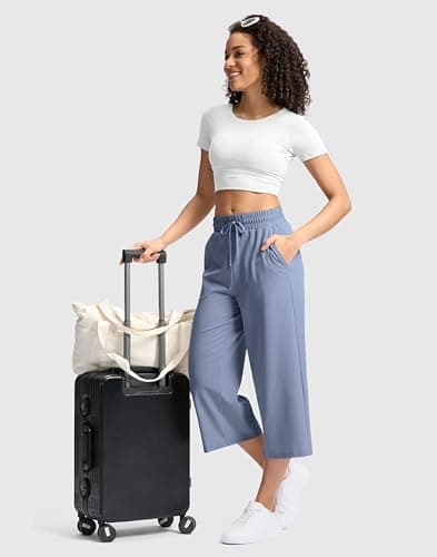 Soothfeel Women's Capri Pants Loose High Waisted Wide Leg Lightweight Travel Hiking Pants for Women Casual Summer with Pocket Dusty Blue XL - Thumbnail 6
