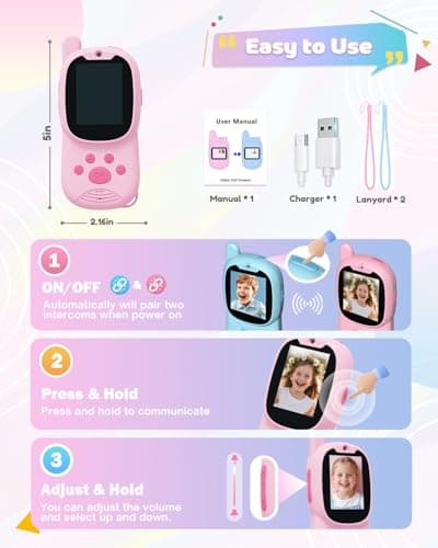 Eveedo Video Walkie Talkies for Kids,2 Pack Rechargeable Kids Walkie Talkies Can Send Message,Christmas Birthday Gifts for Kid Age 3-12,Portable Toddler Toy for 4 5 6 7 8 9 Year Old Girl Boy Pink/Blue - Thumbnail 6