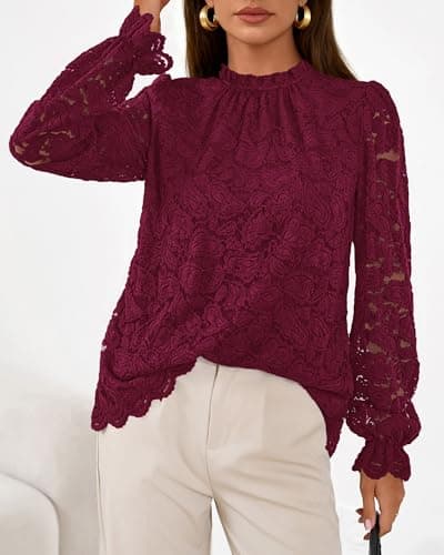 KIRUNDO Blouses for Women Dressy Casual Lace Long Sleeve Tops Mock Neck Ruffle Shirts 2026 Spring Fall Fashion Clothing(Burgundy, Large) - Thumbnail 6