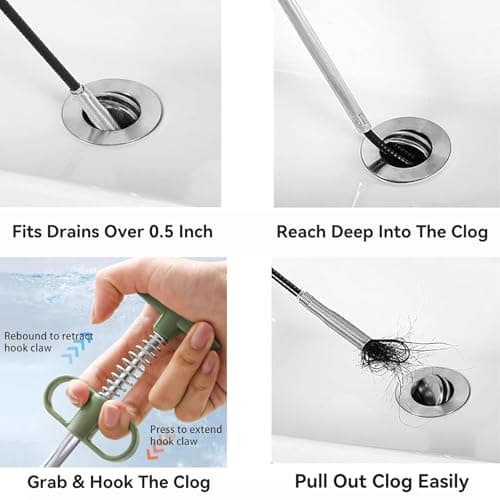 GDOMI 33 Inch Drain Snake Clog Remover,Flexible Grabber Claw Tool for Hair, Pipe & Kitchen Sink Drain - Thumbnail 3