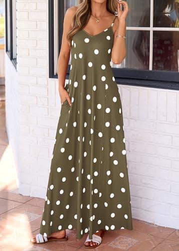 KIRUNDO Polka Dot Dress for Women Summer 2026 Sleeveless Spaghetti Strap Beach Vacation Cruise Boho Long Flowy Maxi Dresses(Army Green, Small) - Thumbnail 5