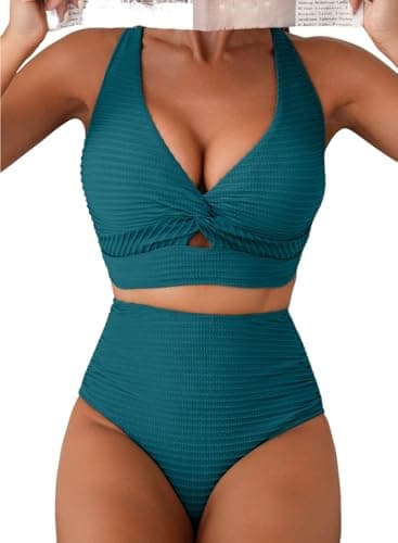 Herseas Women's Plus Size Bikini Sets 2026 Summer Flattering High Waisted Bathing Suits Twisted Front V Neck Top Textured Sexy Swimsuits Blackish Green Cruise Essentials XX-Large - Image 1