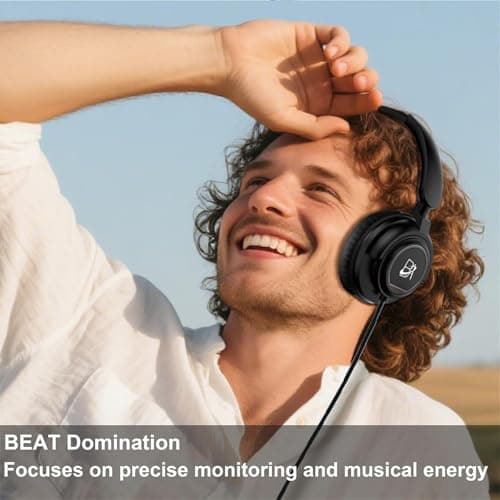 BeAttack Wired Over Ear Headphones Studio Monitor & Mixing DJ Stereo Headsets with 50mm Drivers and 1/4 to 3.5mm Jack for Cellphone Type C AMP Computer Recording Podcast Keyboard Guitar Laptop Black - Thumbnail 2