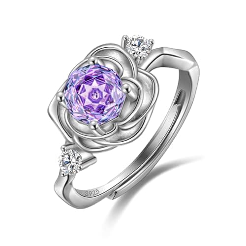 Rose Birthstone Ring - 925 Sterling Silver Rose Cut Cubic Zirconia June Alexandrite Flower Adjustable Ring Anniversary Engagement Promise Ring Birthday Jewelry Gift for Women Wife Mom Daughter DR0166U