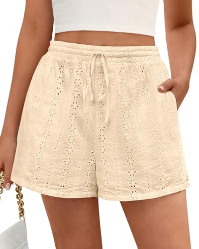 KIRUNDO Lace Shorts for Women Summer Cute Boho Eyelet Elastic Waist Drawstring Casual Lounge Shorts Beach Vacation Outfits(Apricot, Large) - Image 1